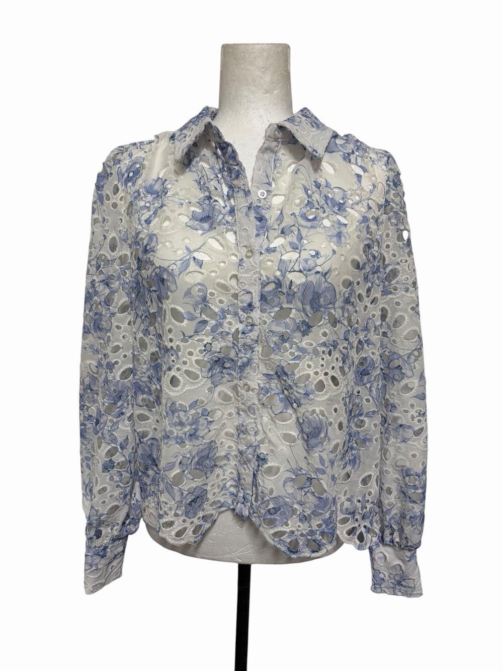 Caroline Constas Blue White Lace Eyelet Feminine Romantic Blouse Size Small